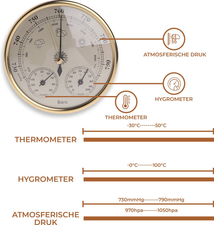 Barometer met uitleg over luchtdruk, temperatuur en luchtvochtigheid metingen