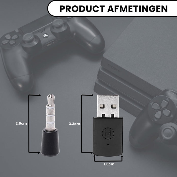 PS4 Bluetooth dongle en microfoon met afmetingen in beeld