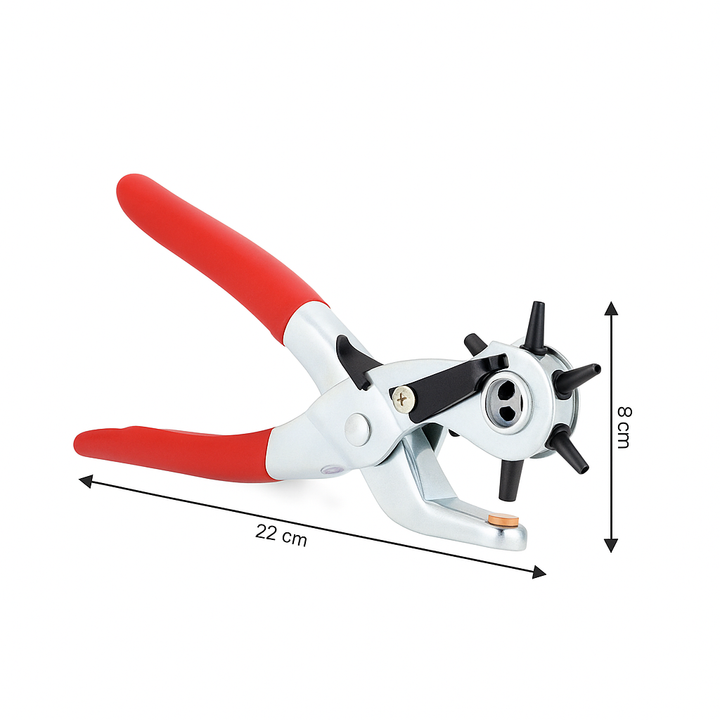 Afbeelding van gaatjestang met duidelijke afmetingen: 22 cm lengte en 8 cm breedte, rood-zilver design.