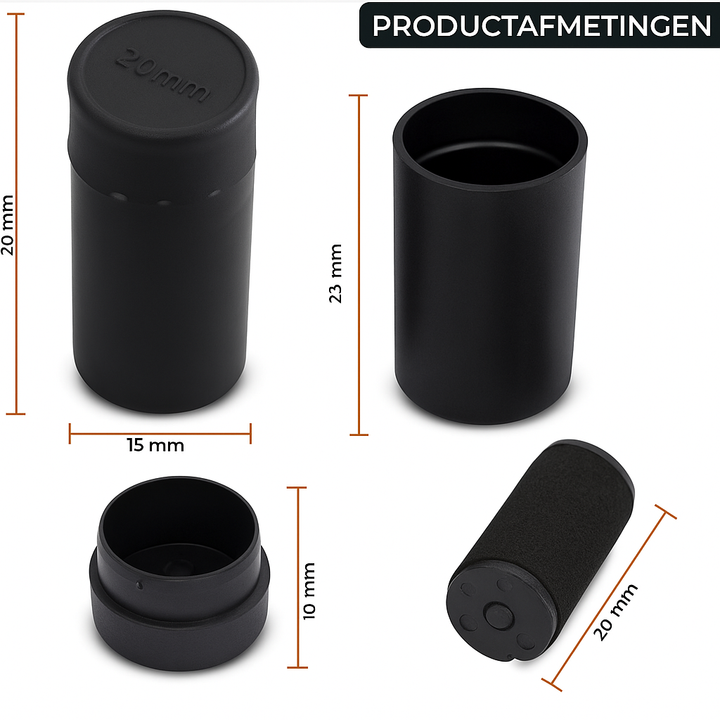Technische productafmetingen van zwarte inktrol 20x15mm.