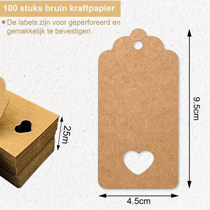 Detailweergave van kraftlabel van 9,5 x 4,5 cm met hartjesuitsnede en 25 meter touw