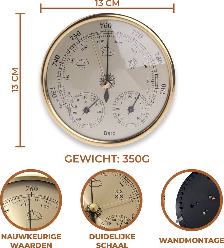 Goudkleurige barometer met duidelijke schaal en wandmontage-informatie