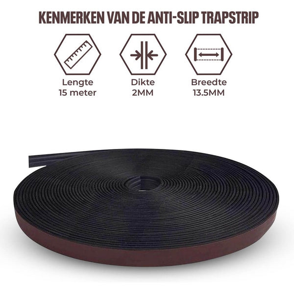 Zwarte rubberen antislip trapstrip op rol van 15 meter lang, 13,5 mm breed en 2 mm dik – ideaal voor veilige en stabiele trappen binnenshuis of buitenshuis. Zelfklevend voor eenvoudige installatie.