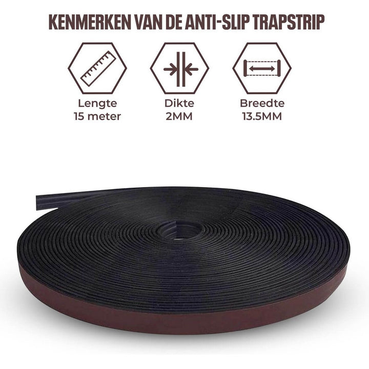 Zwarte rubberen antislip trapstrip op rol van 15 meter lang, 13,5 mm breed en 2 mm dik – ideaal voor veilige en stabiele trappen binnenshuis of buitenshuis. Zelfklevend voor eenvoudige installatie.