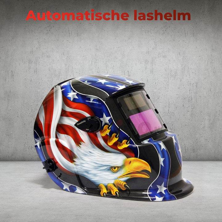  Lashelm met automatisch dimmend glas, geschikt voor TIG en MIG lassen, met opvallend ontwerp van de Amerikaanse vlag en adelaar.