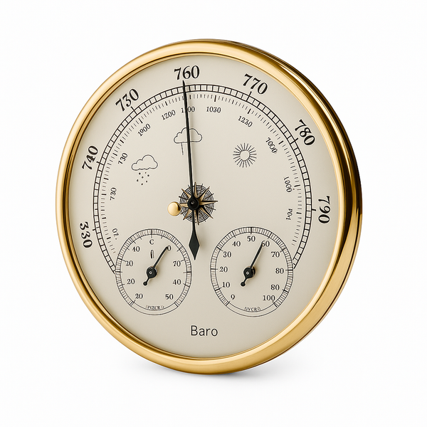 Luxe messing barometer weerstation met thermometer en hygrometer voor binnen en buitengebruik.
