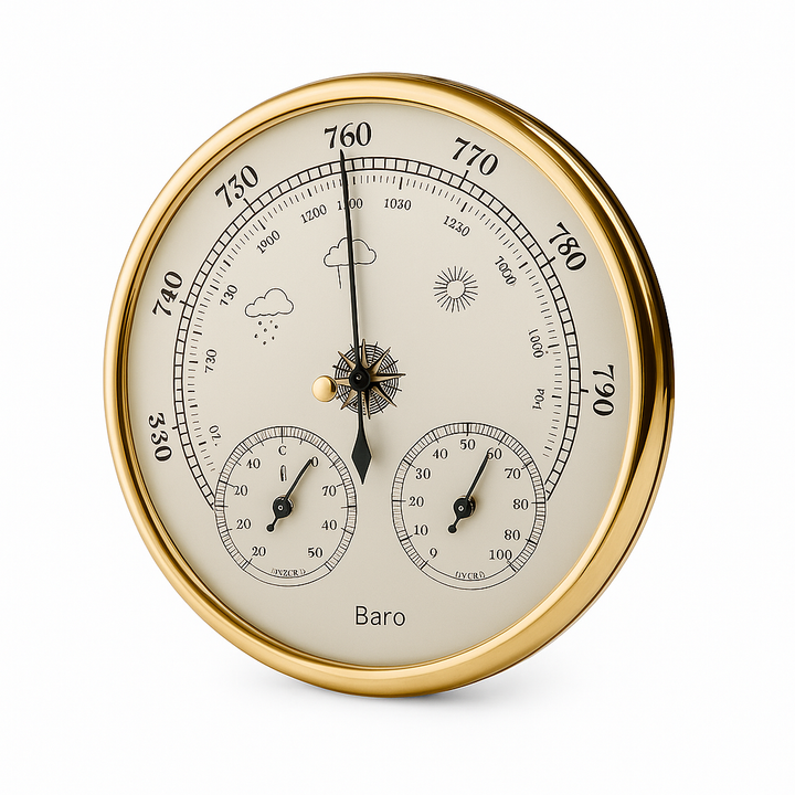 Luxe messing barometer weerstation met thermometer en hygrometer voor binnen en buitengebruik.
