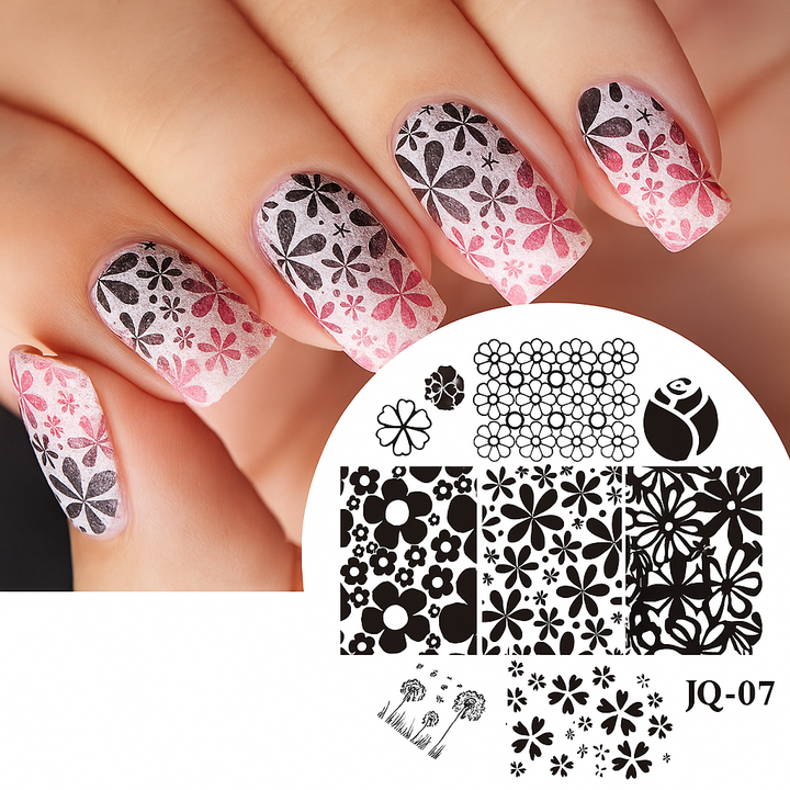  Roze nagels met zwarte en witte bloemen met sjabloon 