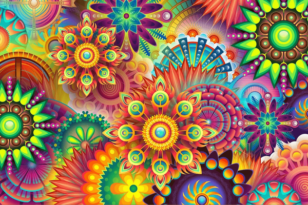 Levendig borduurpakket van een mandala in felle kleuren op Aida-stof. Ideaal voor spirituele wanddecoratie en ontspannende borduurprojecten.