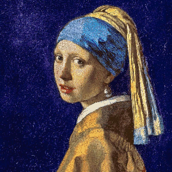 Detailweergave van het klassieke schilderij Meisje met de Parel van Johannes Vermeer, zorgvuldig geborduurd op Aida stof. Het iconische portret is levensecht nagemaakt met kruissteektechniek en 100% katoenen garen.