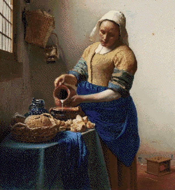 Close-up afbeelding van het borduurontwerp Melkmeisje van Johannes Vermeer, een gedetailleerd borduurpakket met klassieke kruissteek op Aida stof.
