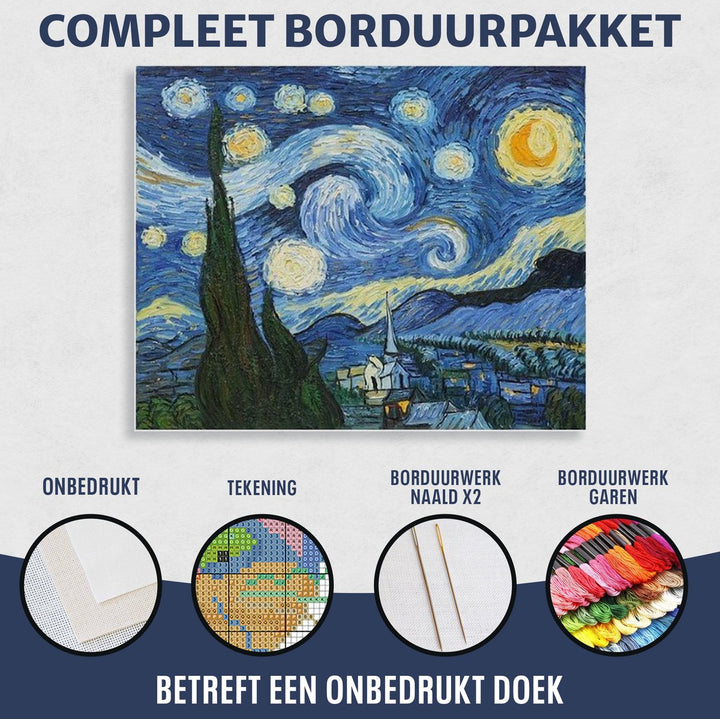 Borduurpakket Sterrennacht Van Gogh – inclusief onbedrukte Aida-stof, patroon, borduurnaalden en gekleurde borduurgarens