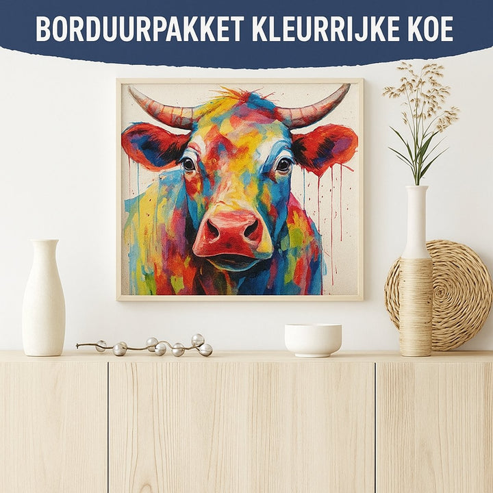 Borduurpakket resultaat – Kleurrijke Koe ingelijst op witte muur
