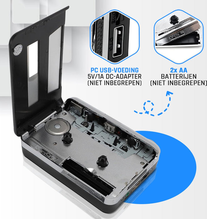 Binnenkant van cassette converter met aanduiding voor USB-voeding en AA-batterijen

