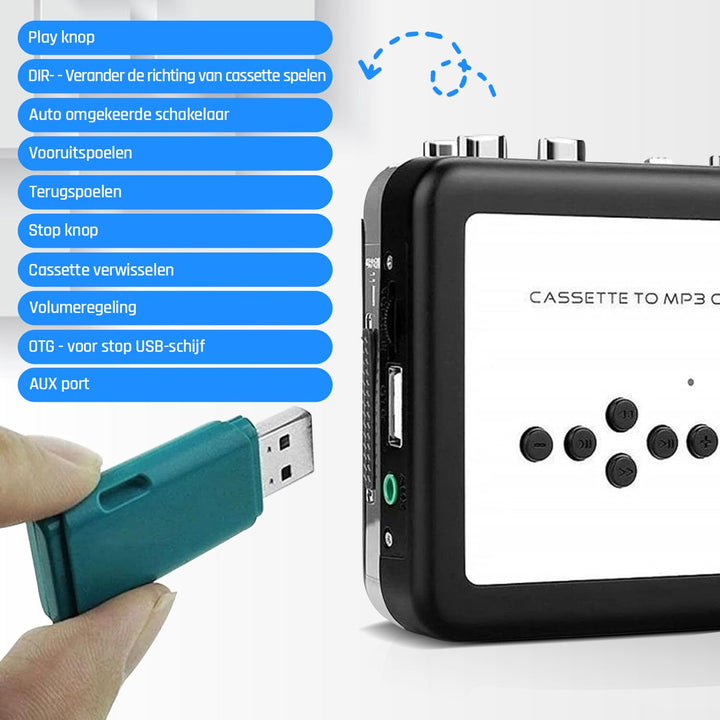 Cassettebandjes digitaliseren – functies van de cassette naar MP3 converter toegelicht met USB-stick