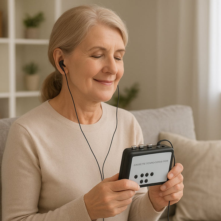 Vrouw gebruikt cassettebandjes converter om oude muziek digitaal te beluisteren via oortjes