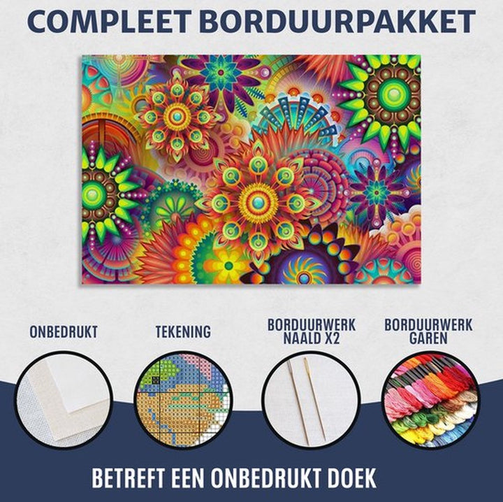 Volledig onbedrukt mandala borduurpakket met 2 naalden, telpatroon, gekleurde borduurgarens en Aida-stof. Alles wat je nodig hebt in één set.