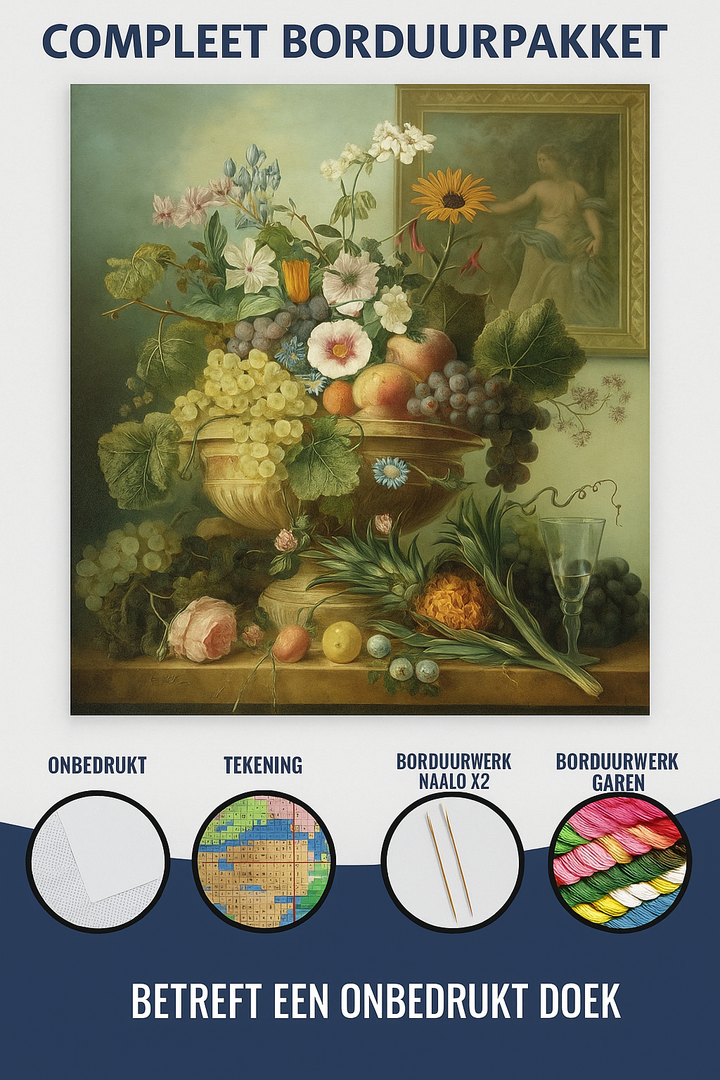 Compleet borduurpakket met stilleven van bloemen en fruit – inclusief garen, naalden, patroon en onbedrukt doek.