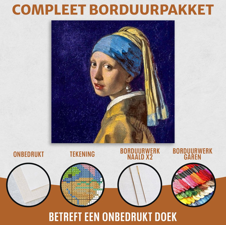 Overzicht van het complete borduurpakket: onbedrukte Aida stof, telpatroon, borduurnaalden en kleurrijk mouline garen. Alles wat je nodig hebt om Meisje met de Parel zelf te borduren.