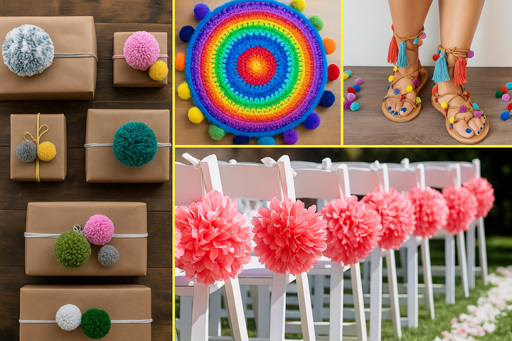 Ideeën voor pompom gebruik zoals cadeauverpakkingen, gehaakte accessoires, schoenen en feestdecoratie met kleurrijke pompoms.
