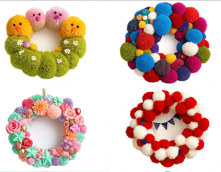 Voorbeelden van decoratieve kransen gemaakt met gekleurde pompoms in verschillende stijlen, perfect voor feestelijke knutselprojecten.