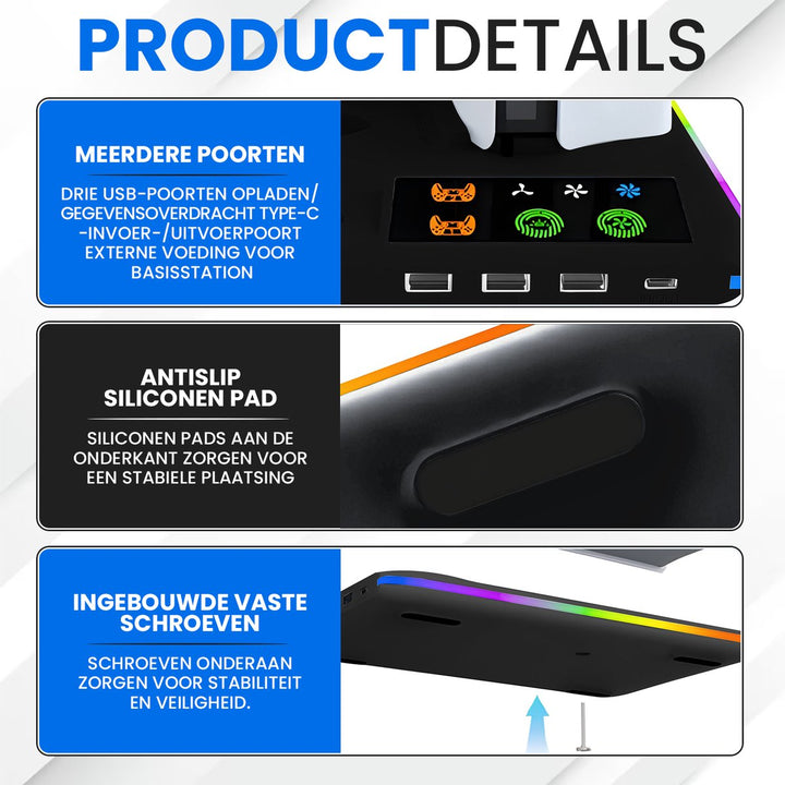Detailweergave PS5 docking station – meerdere USB-poorten, antislip siliconen pads en ingebouwde schroeven voor stabiliteit