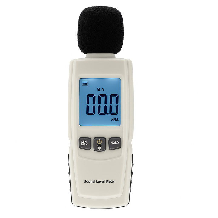 Digitale decibelmeter met blauw verlicht LCD scherm op wit.