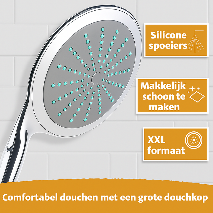XXL douchekop met siliconen sproeiers, eenvoudig schoon te maken en ontworpen voor optimaal douchecomfort.