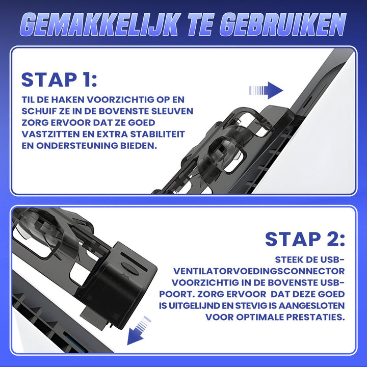  Installatiehandleiding in twee stappen voor het bevestigen van de Levay PS5 ventilator, inclusief montagehaak en USB-aansluiting.