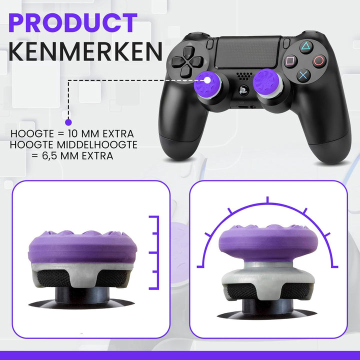 Profielweergave paarse thumbsticks – toont extra hoogte en ergonomisch ontwerp