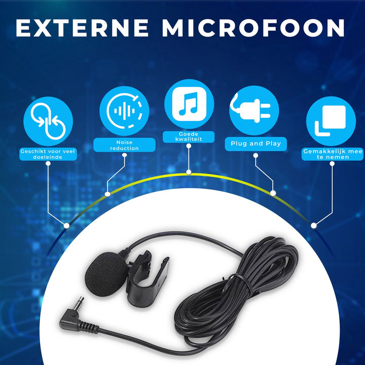  Externe microfoon met clip en schuimkap op blauwe achtergrond met icoontjes voor noise cancelling en compatibiliteit