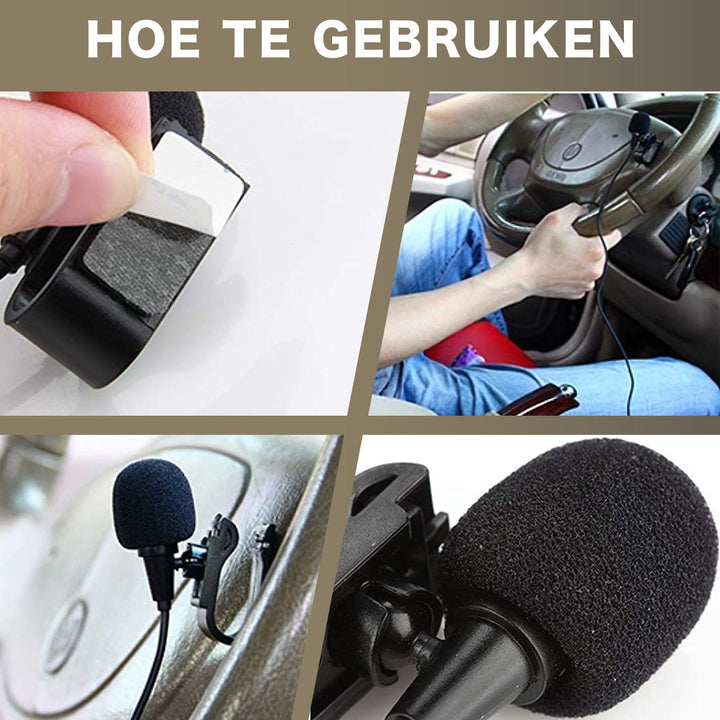 Gebruiksinstructies van externe microfoon met beelden van montage in auto, op kleding en dashboard