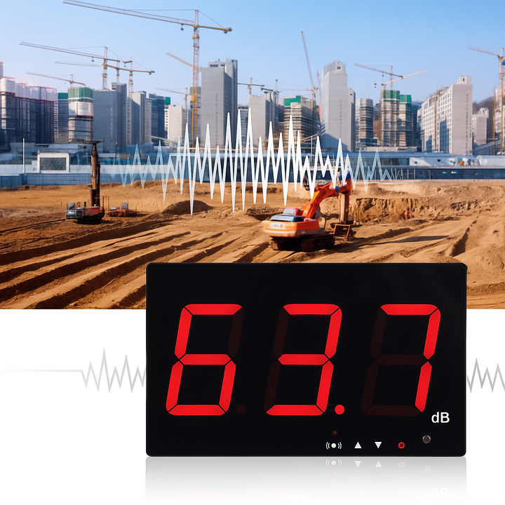 Bouwplaats met digitale geluidsmeting van 63.7 dB in beeld.