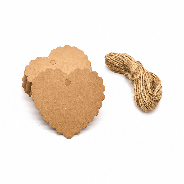 Gekartelde hartvormige cadeaulabels met touw - 100 stuks