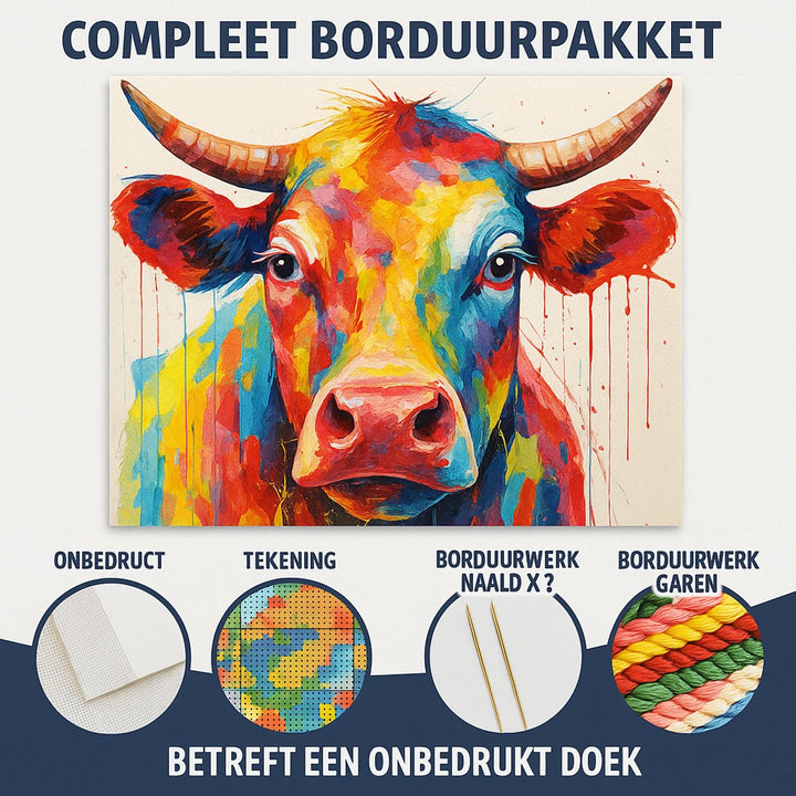 Inhoud borduurpakket Kleurrijke Koe – garens, stof en naald