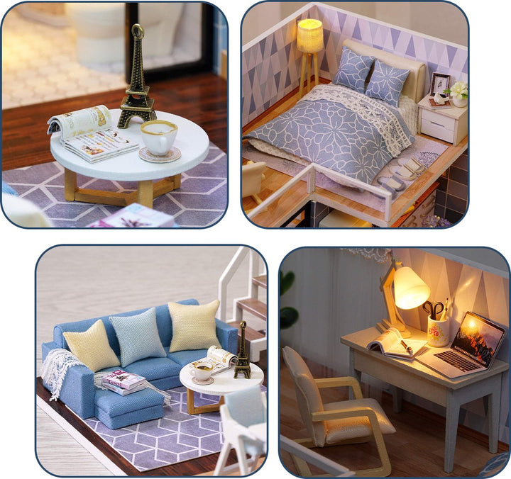 Vier gedetailleerde beelden van het blauwe poppenhuis, inclusief een bed, zithoek, bureau met laptop en een ronde salontafel met miniatuurdecoratie.