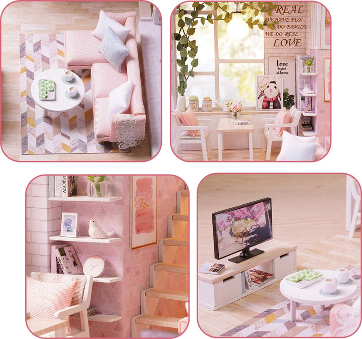 Vier close-upfoto’s van een miniatuur woonkamer, trap, tv-meubel en werkhoek met realistische meubels en accessoires.