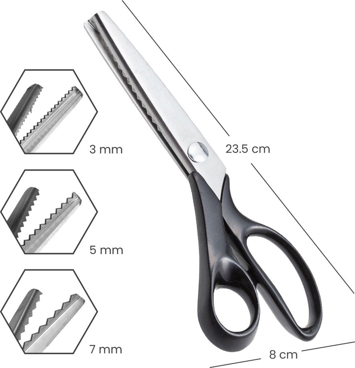 Overzicht van kartelschaar met afmetingen en kartelgroottes van 3 mm, 5 mm en 7 mm voor nauwkeurig en decoratief knipwerk.