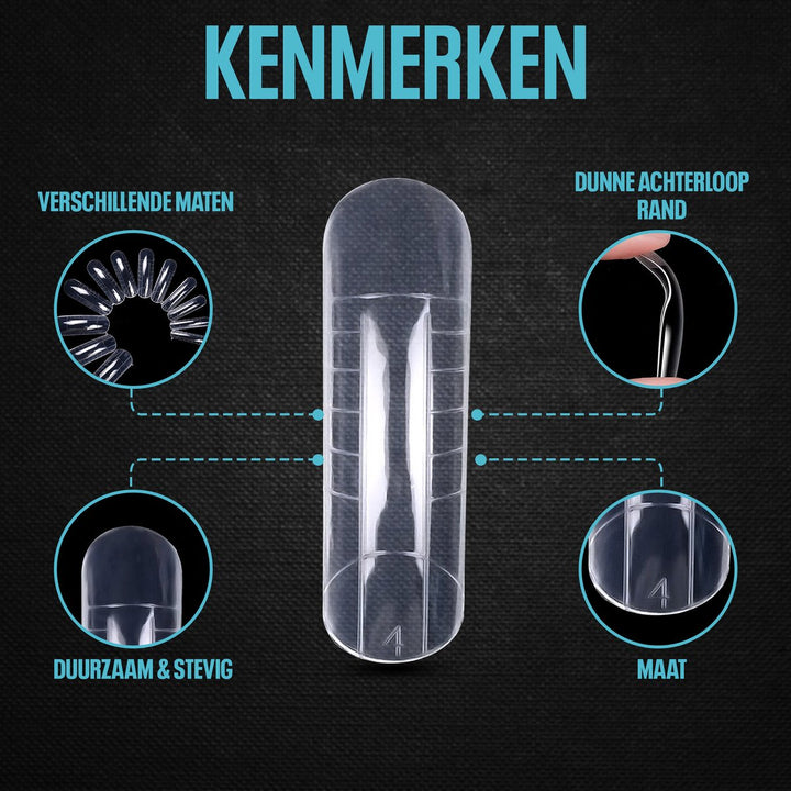 Overzicht van nagel dual form eigenschappen zoals formaat, stevigheid en aflopende rand