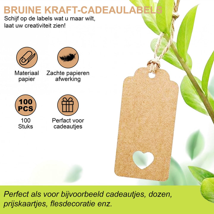 Kraft cadeaulabel bevestigd aan tak, met pictogrammen voor materiaal, hoeveelheid en toepassingen
