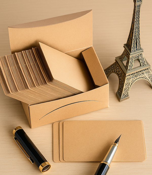 Kraft papieren cadeaulabels in doos op tafel.