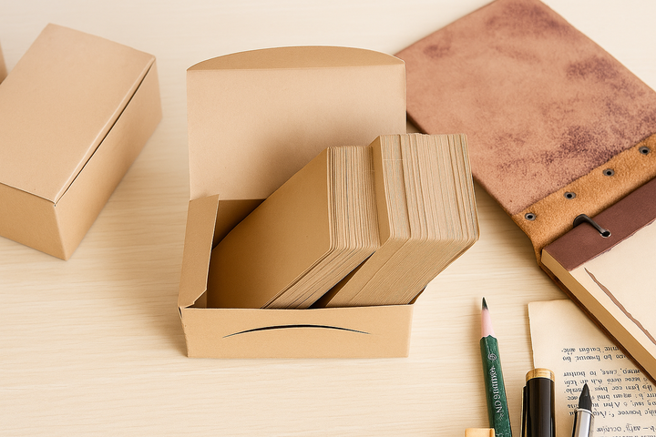 Doos met kraft papieren kaartjes, leren notitieboek, potlood en pen op houten tafel, duurzaam kantoorartikel.