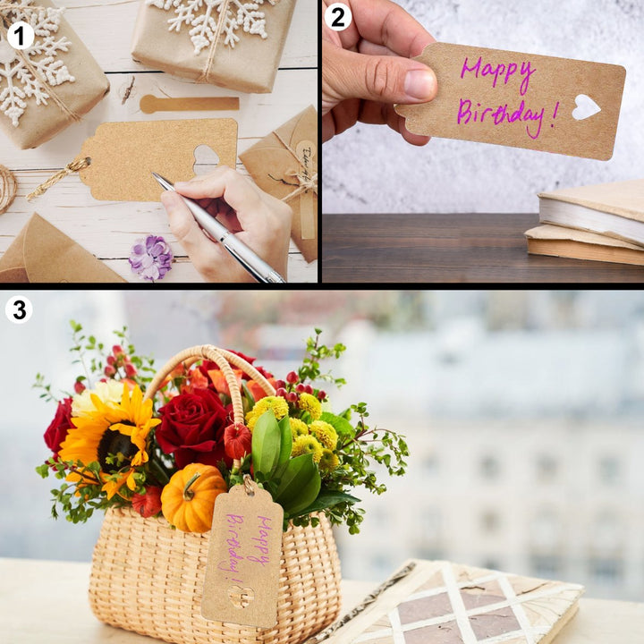 Kraft cadeaulabels beschreven met tekst en bevestigd aan bloemenmand en cadeauverpakking