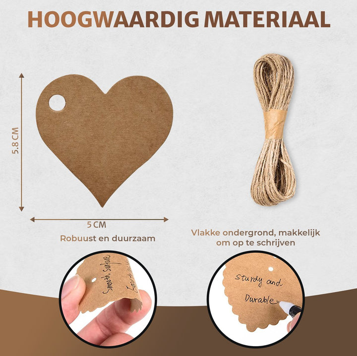 Hartvormig kartonnen label met touw, inclusief tekst over duurzaamheid en schrijfbaarheid.
