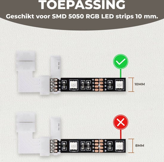 Afbeelding met uitleg over het juiste formaat voor de LED hoekconnector: geschikt voor 10mm brede SMD 5050 RGB LED strips, niet voor 8mm strips.