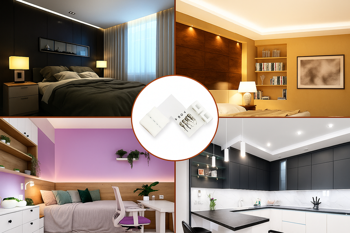 Verschillende interieurtoepassingen van de LED strip hoekconnector, waaronder slaapkamers, keukens en woonkamers, voor sfeervolle hoekverlichting.