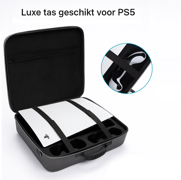 Open PS5 draagtas met witte PlayStation 5-console en beschermende bandjes in zachte EVA-binnenkant.