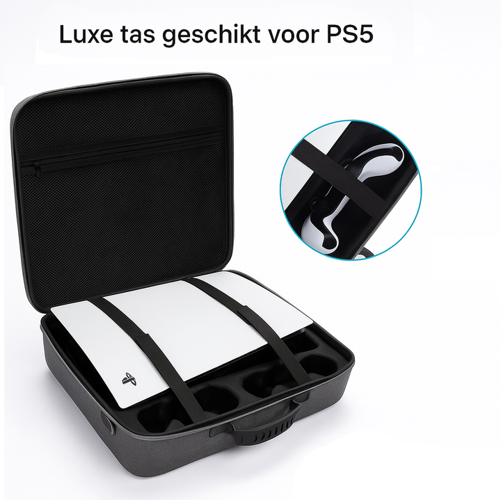 Open PS5 draagtas met witte PlayStation 5-console en beschermende bandjes in zachte EVA-binnenkant.