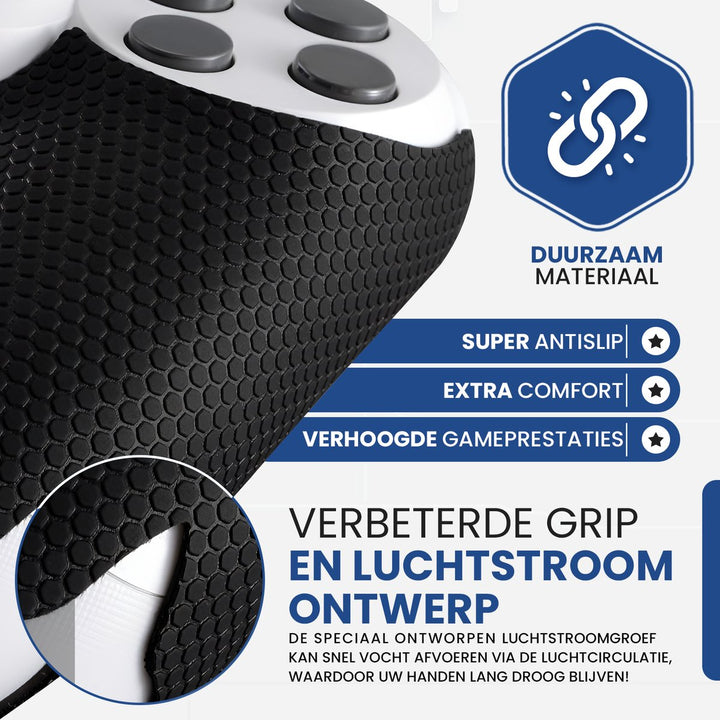 Close-up PS5 controller grip – duurzame honingraatstructuur voor super grip, comfort en ventilatie

