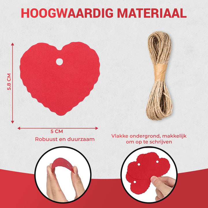 Details en kenmerken van duurzame rode hartvormige cadeaulabels met jute touw, makkelijk te beschrijven.